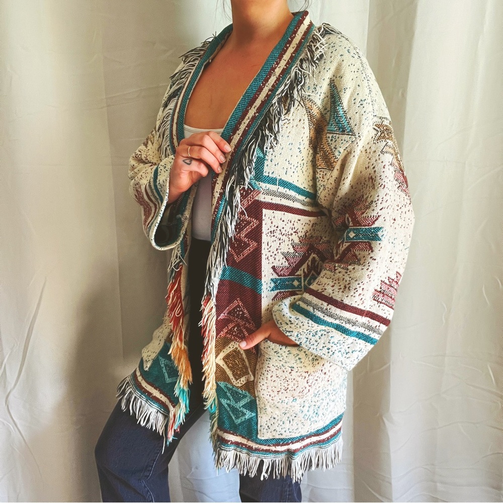 VTG Handmade Southwestern Aztec Native American Blanket Fringe Cardigan / Coat - Picture 15 of 16